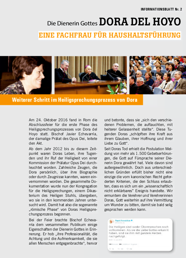 Dora del Hoyo - neues Informationsblatt über die Dienerin Gottes